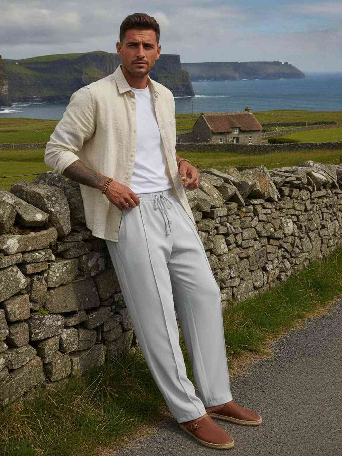 Man in light beige shirt and gray drawstring pants leaning on stone wall near coastal cliffs