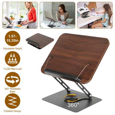 Adjustable wooden laptop stand with 360° rotatable base, foldable design, and 11 lbs max load for home or office use