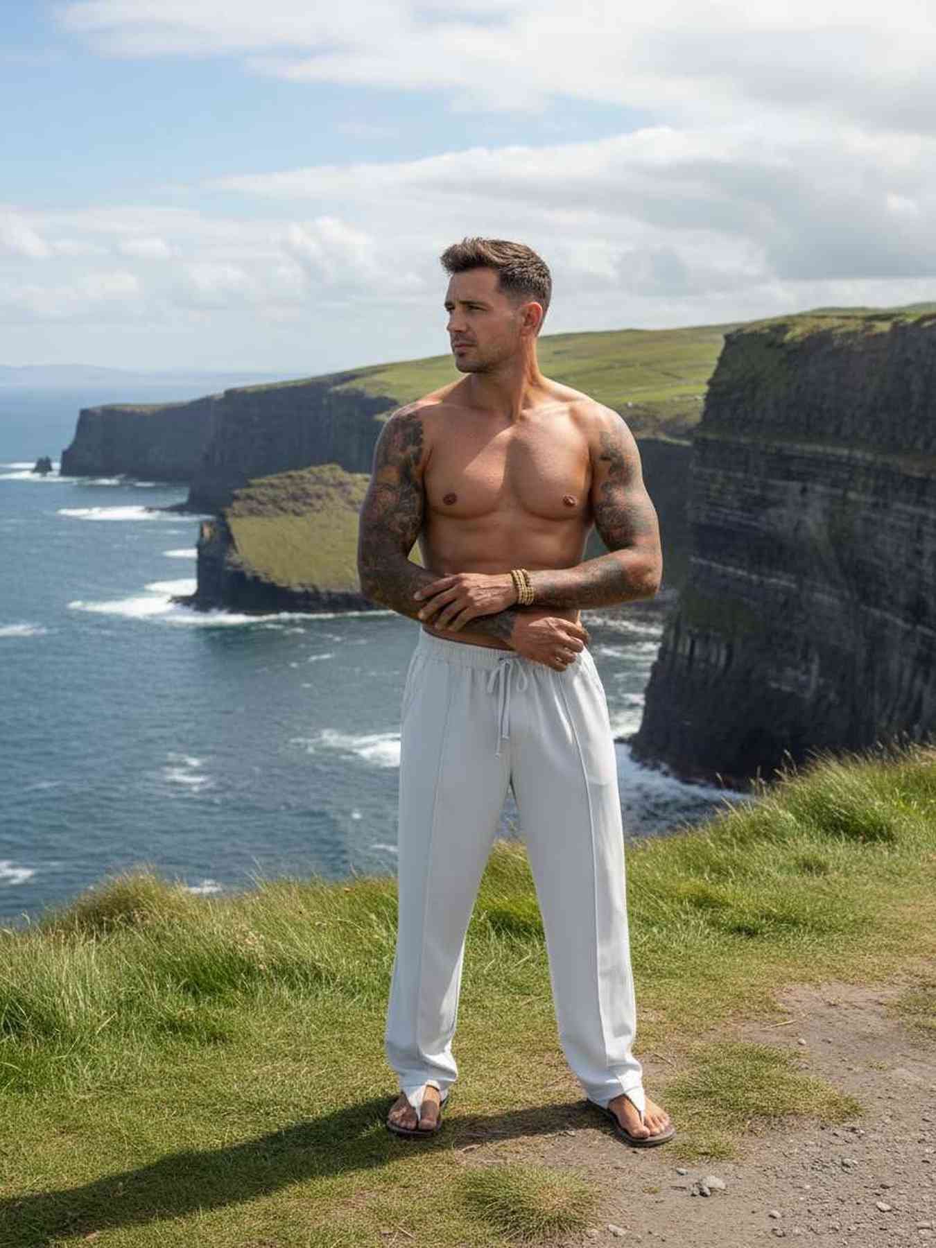 Muscular man in white joggers and flip-flops standing on grassy cliff overlooking ocean