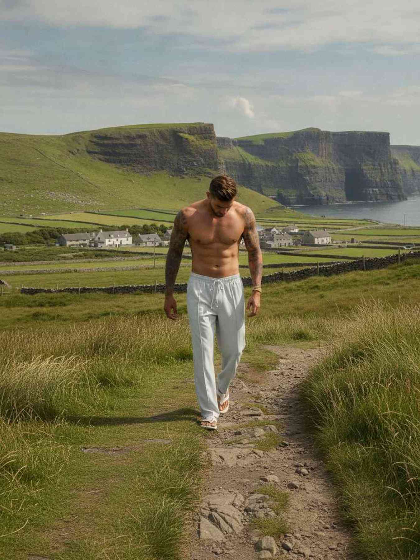 Man in white drawstring pants walking on a scenic rural path with green hills and cliffs